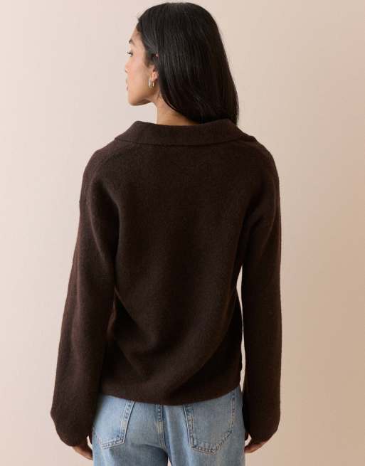 Nobody's Child V-neck collared jumper in brown, 2 of 5