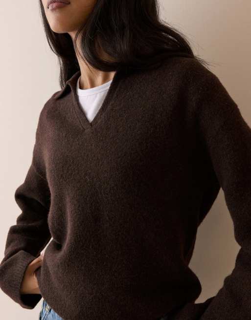 Nobody's Child V-neck collared jumper in brown, 3 of 5