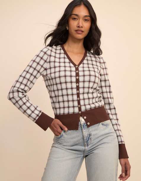 Nobody's Child V-neck jacquard check cardigan in white - view 1