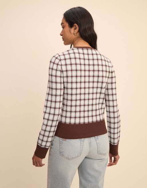 Nobody's Child V-neck jacquard check cardigan in white, 2 of 5