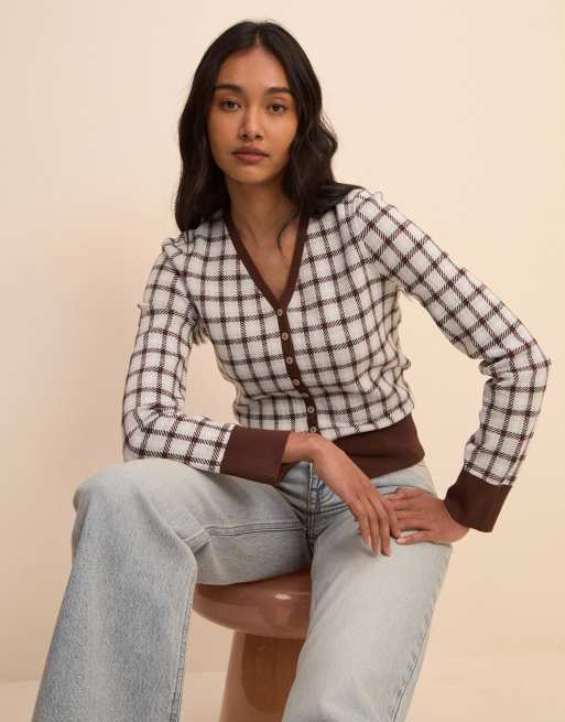 Nobody's Child V-neck jacquard check cardigan in white, 4 of 5