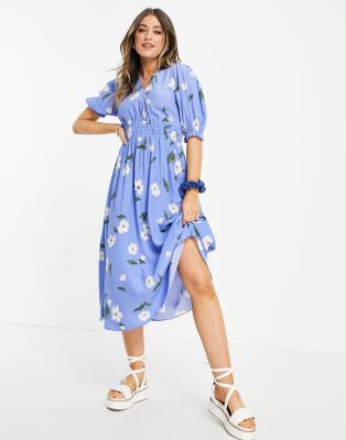 Nobody's Child v neck midi tea dress in blue floral | ASOS