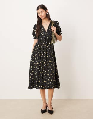 Nobody's Child V-neck Puff Sleeve Button Front Midi Dress In Black
