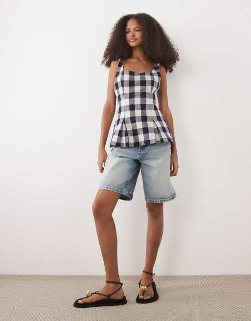 Nobody's Child Valencia cotton square neck peplum top in navy gingham, 2 of 4