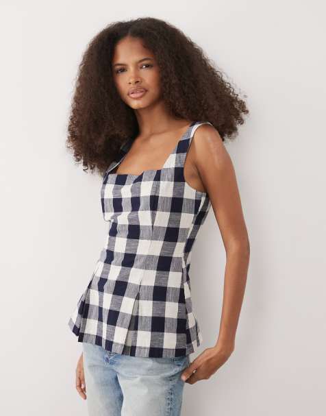 Nobody's Child - Valencia - Top peplo in cotone blu navy a quadretti con scollo squadrato - view 1