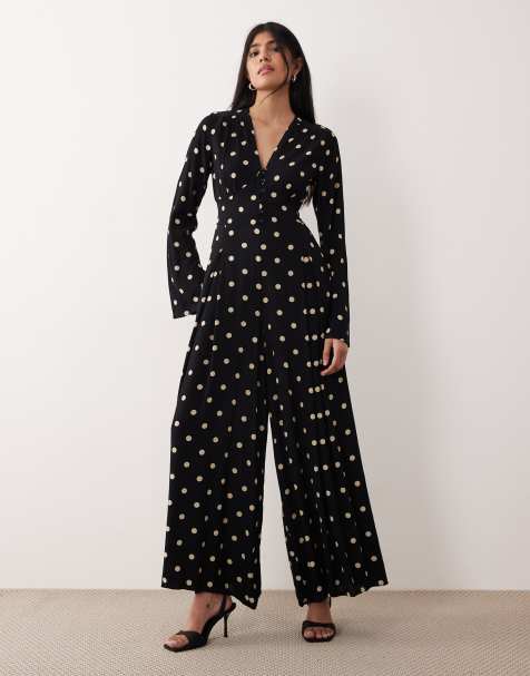 Nobody's Child Valencia v neck button detail pleat front jumpsuit in black polka dot - view 1
