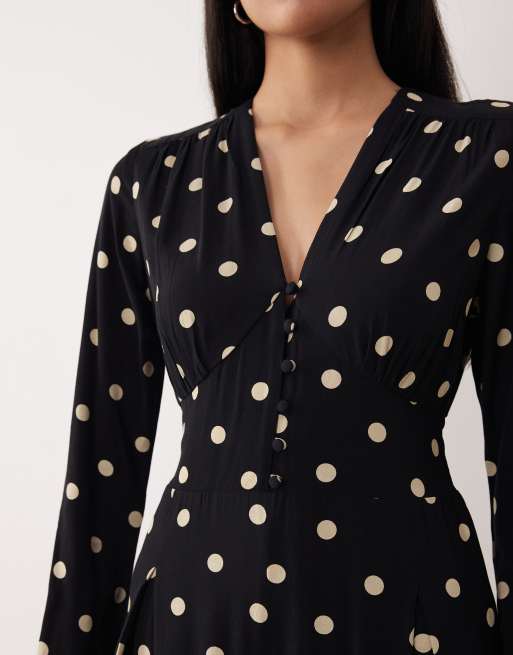 Nobody's Child Valencia v neck button detail pleat front jumpsuit in black polka dot, 3 of 4