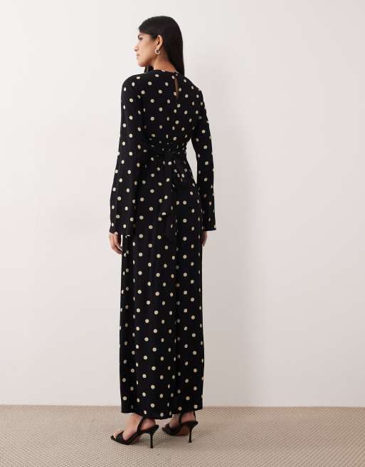 Nobody's Child Valencia v neck button detail pleat front jumpsuit in black polka dot, 4 of 4