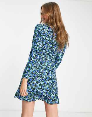 Nobody's Child Vanessa frill neck mini dress in blue and green floral