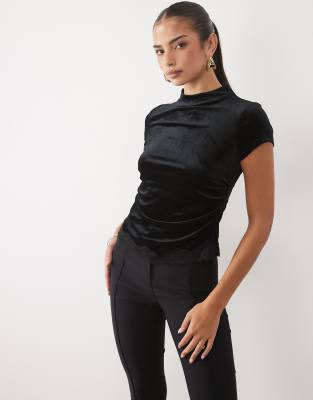 Nobody's Child Velvet High Neck Cap Sleeve Lace Hem Top In Multi