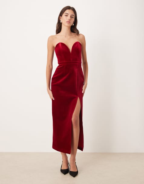 Nobody's Child velvet plunge structured tube midi dress in red