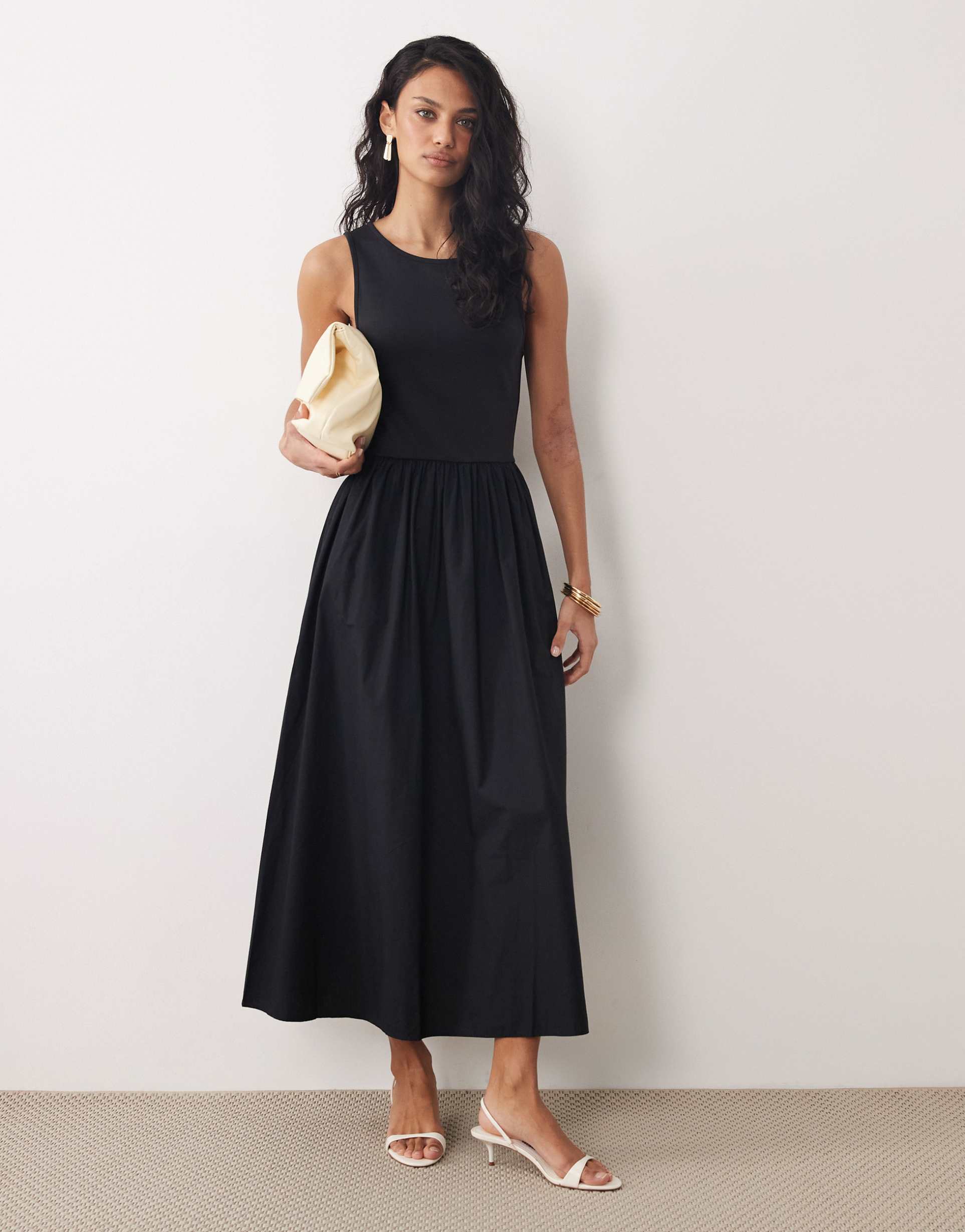 nobody's child vera gathered waist sleeveless midi dress in black