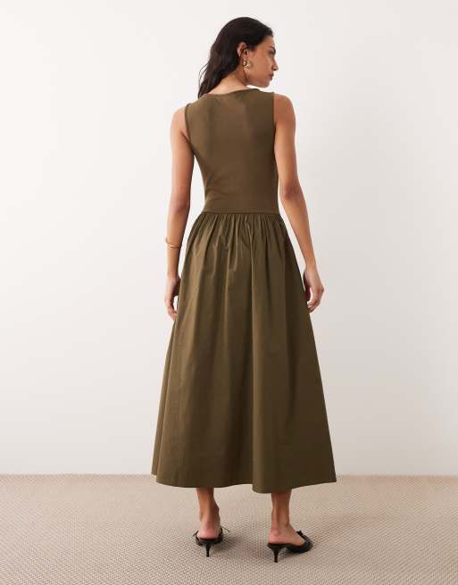 Nobody's Child - Vera - Robe mi-longue sans manches à taille froncée - Kaki, 3 de 4