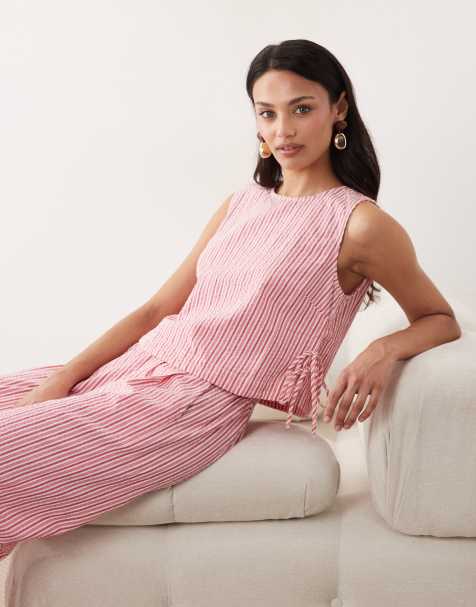 Nobody's Child Verity cotton rich sleeveless tie detail top in pink stripes - part of a set - view 1