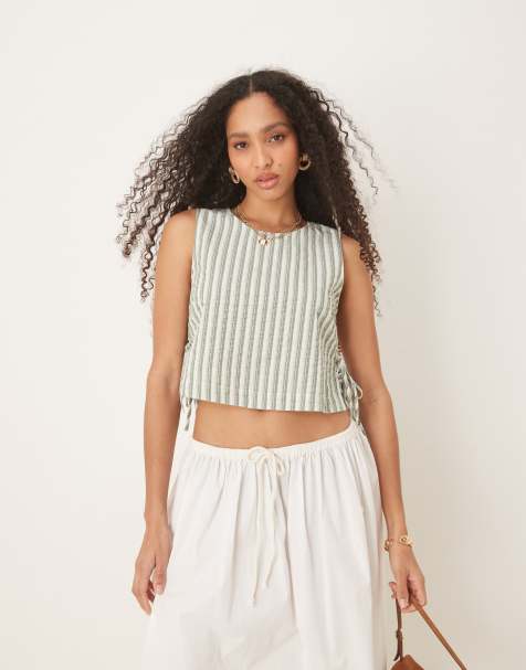 Nobody's Child Verity tie-side linen look top in beige stripe - view 1
