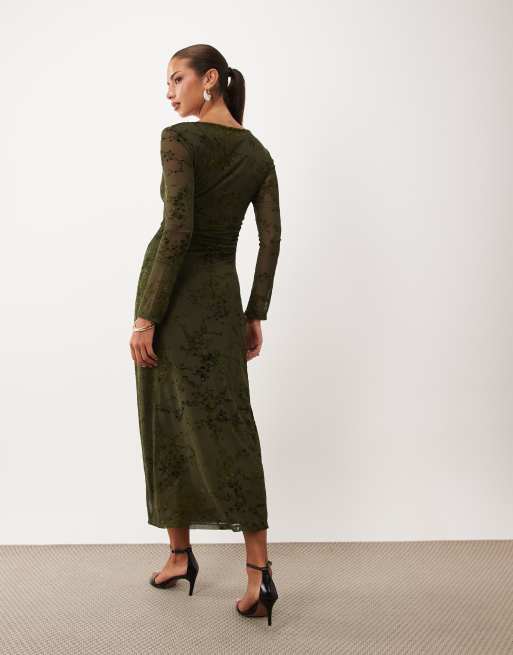 Nobody's Child vestido midi de devoré con escote barco y estampado de flores en verde oscuro, 4 de 4