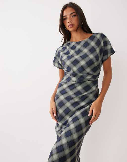 Nobody's Child - vestido midi drapeado de manga corta a cuadros azul, 2 de 4