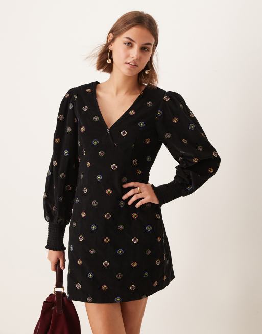 Nobody's Child - Vestito corto in velluto a coste nero con ricami
