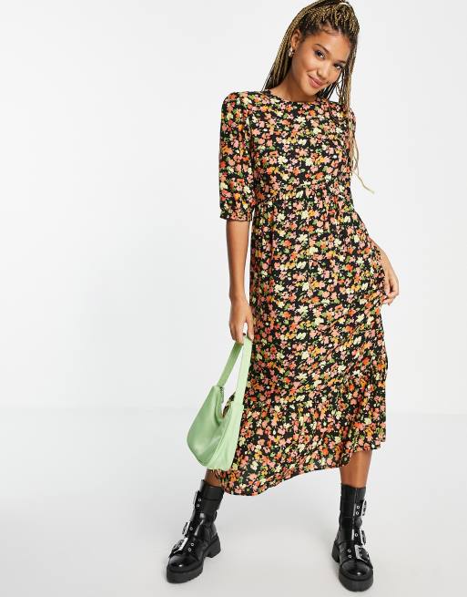 Nobody's Child - Vestito grembiule midi a balze, colore nero a fiori