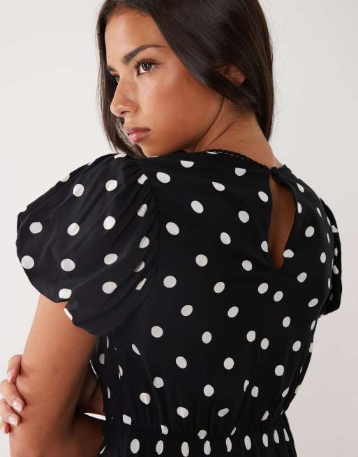 Nobody's Child vestito midi sbieco con maniche a palloncino e pois neri, 3 di 4