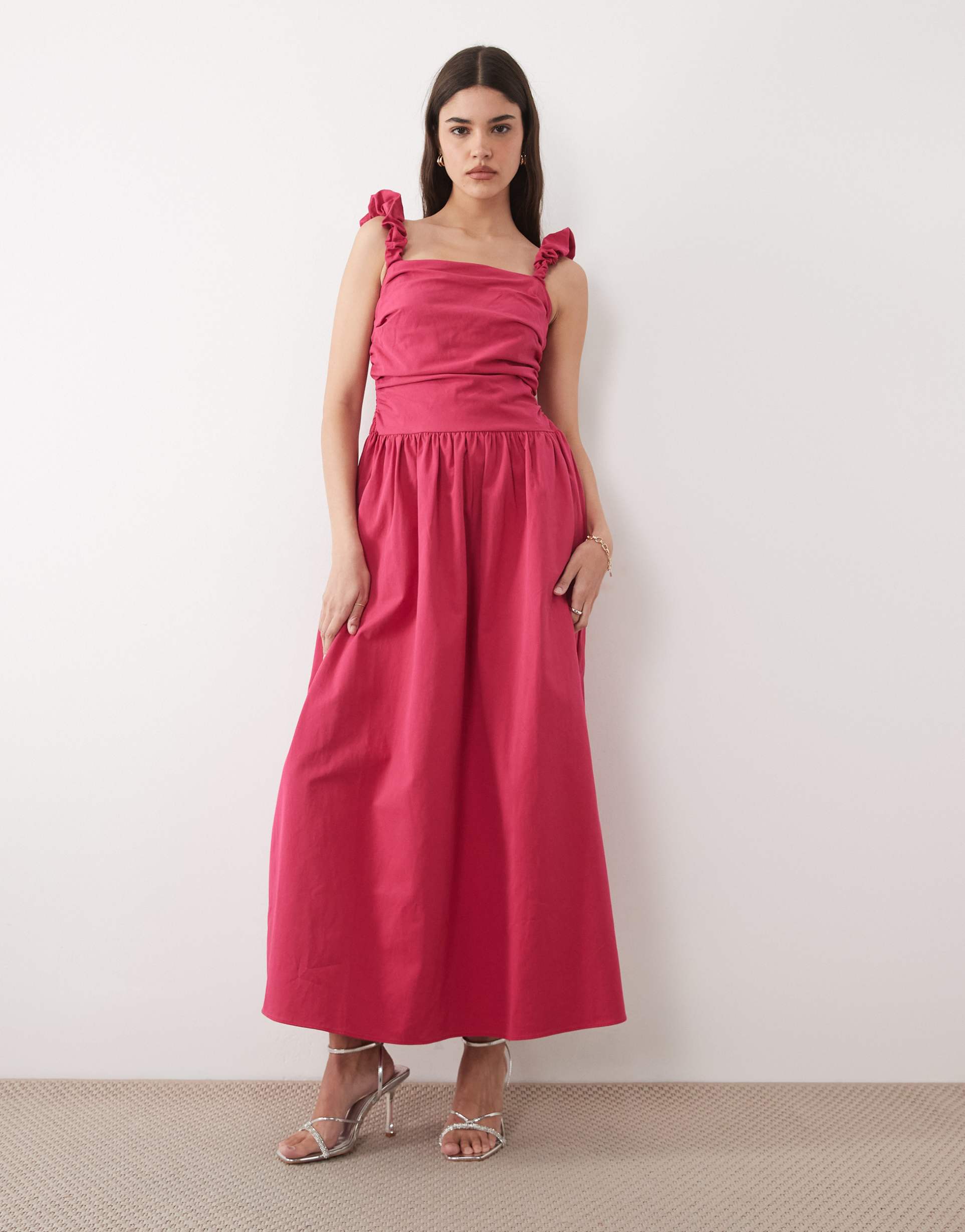 nobody's child victoria cotton ruched bodice twist strap maxi dress in pink