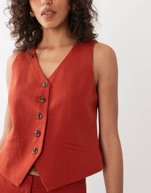 Nobody's Child Vinnie linen blend v-neck waistcoat co-ord in red, 4 of 4