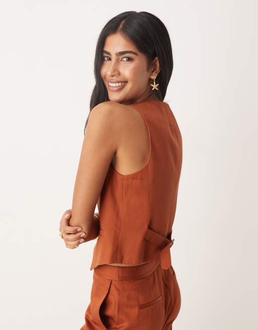 Nobody's Child Vinnie v-Neck waistcoat co-ord in rust, 2 of 4