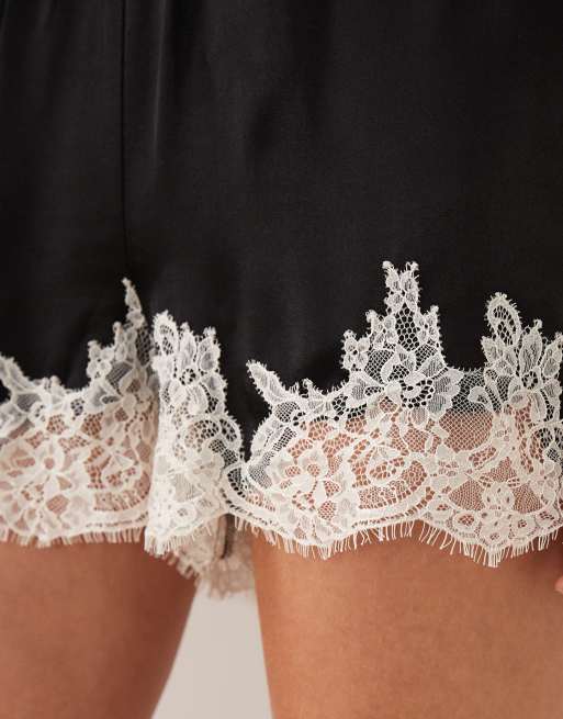 Nobody's Child Virgo satin lace trim shorts in black, 4 of 5