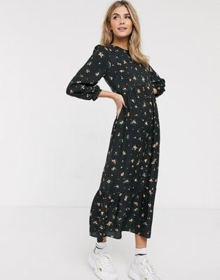 Nobody's Child volume sleeve midi dress with tiered skirt in ditsy floral-Black