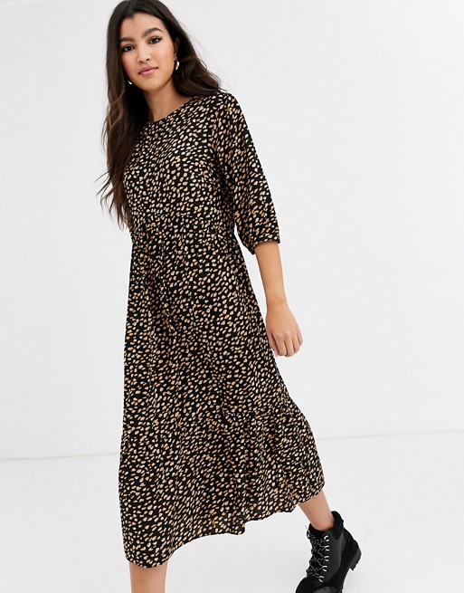 Nobody's Child volume sleeve midi dress with tiered skirt in scattered spot