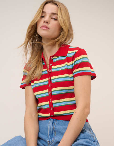 Nobody's Child waisted knit polo top in red stripes - view 1