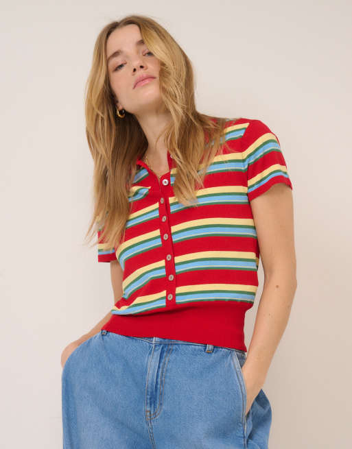 Nobody's Child waisted knit polo top in red stripes, 2 of 4
