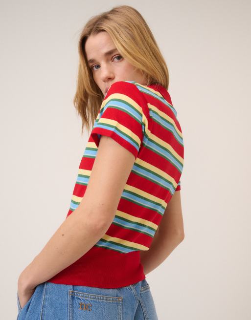 Nobody's Child waisted knit polo top in red stripes, 3 of 4