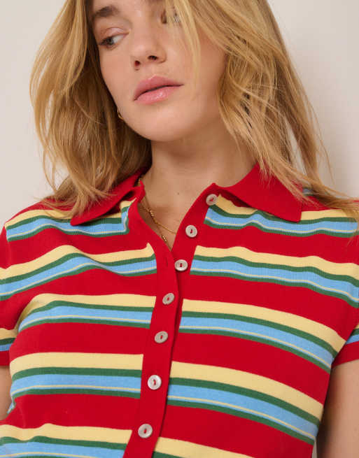 Nobody's Child waisted knit polo top in red stripes, 4 of 4