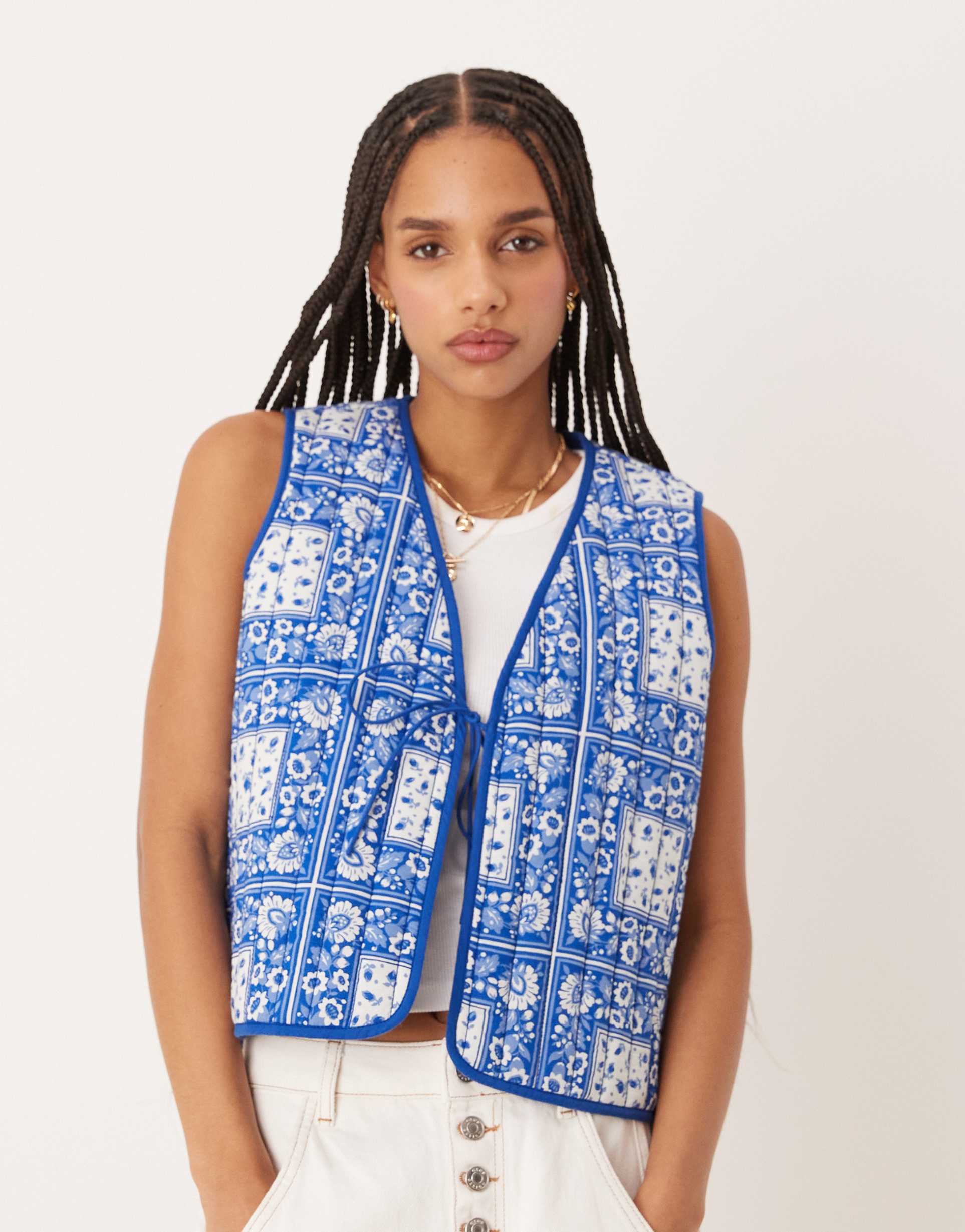 nobody's child western quilted vest in blue bandana print
