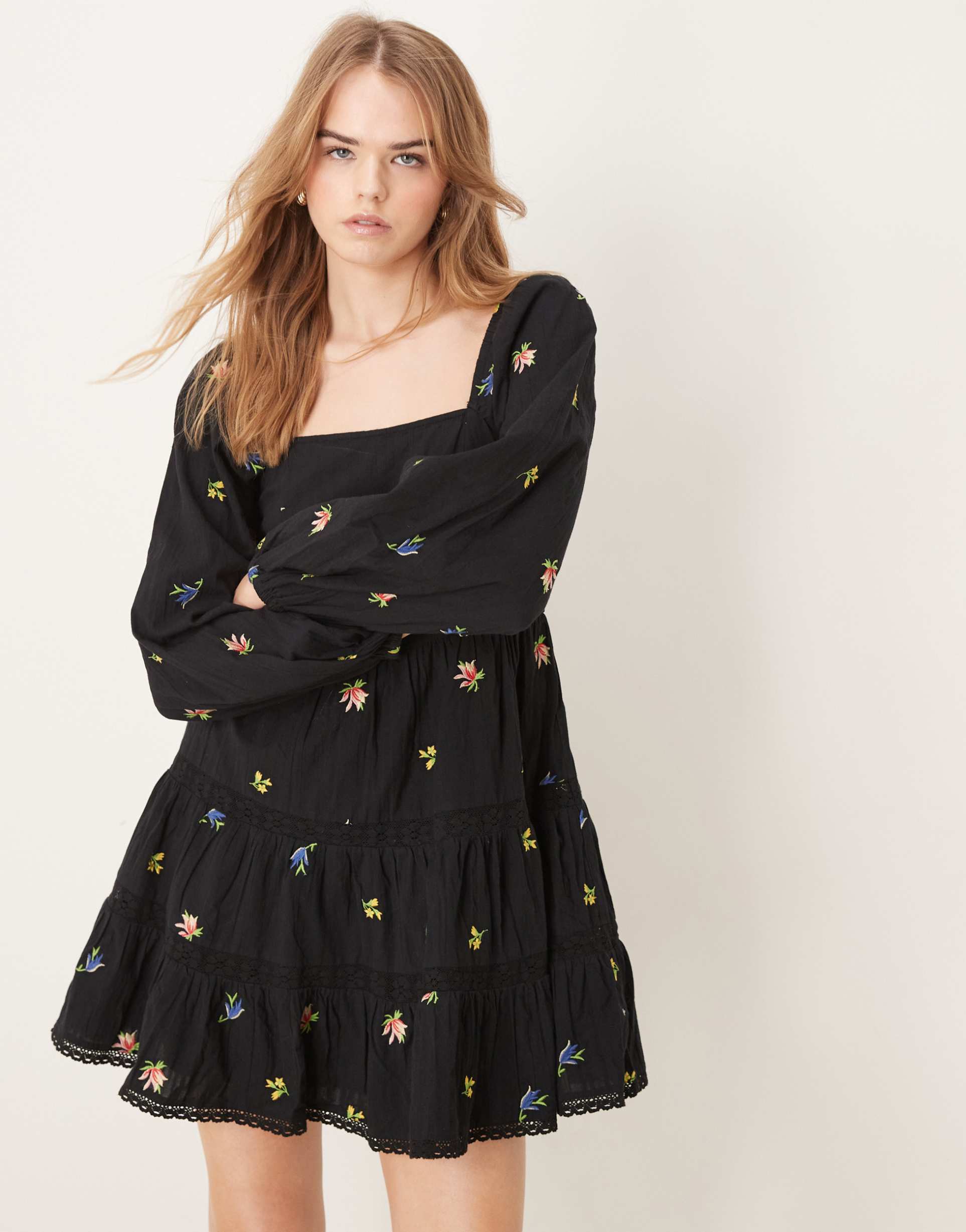 nobody's child whitley embroidered long sleeve mini dress in dark navy