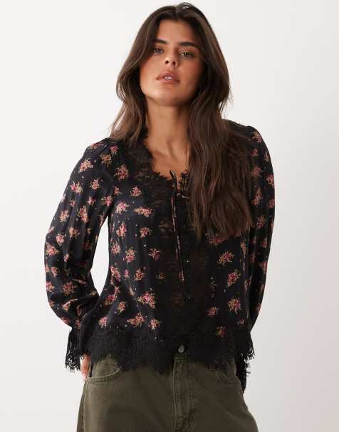 Nobody's Child Wilde v-neck lace trim tie detail blouse in black floral - view 1