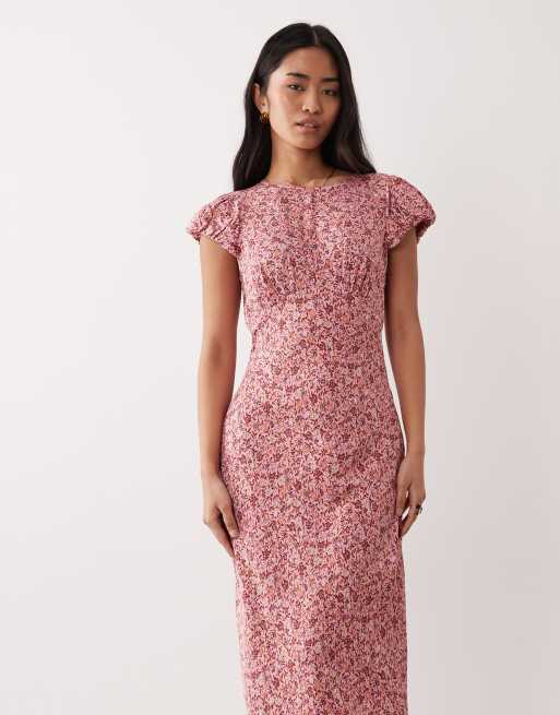Nobody's Child Willow cap sleeve midi dress in pink ditsy floral, 4 of 4