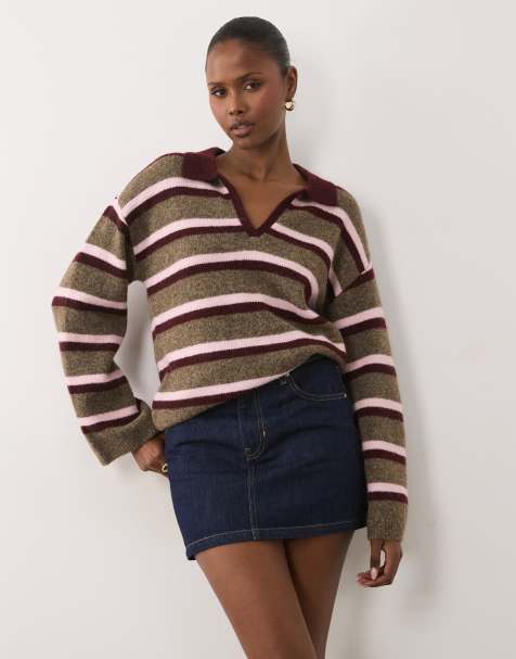 Nobody's Child wol mix v-neck collar detai jumper in khaki and pink stripe - view 1