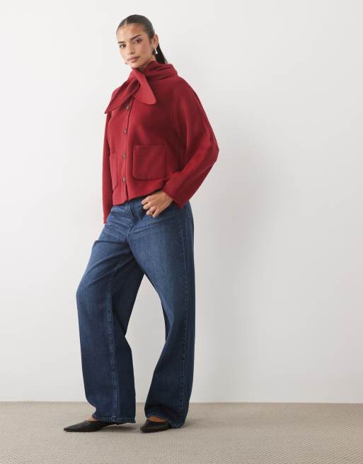 Nobody's Child wool blend button down scarf detail coat in red, 2 of 4