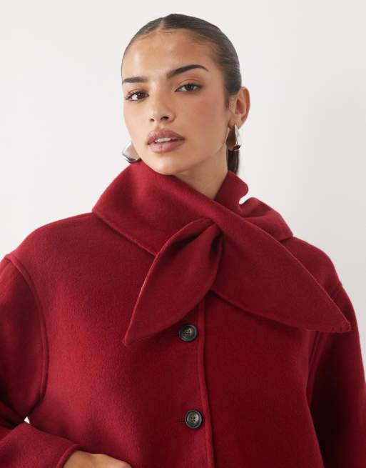 Nobody's Child wool blend button down scarf detail coat in red, 3 of 4