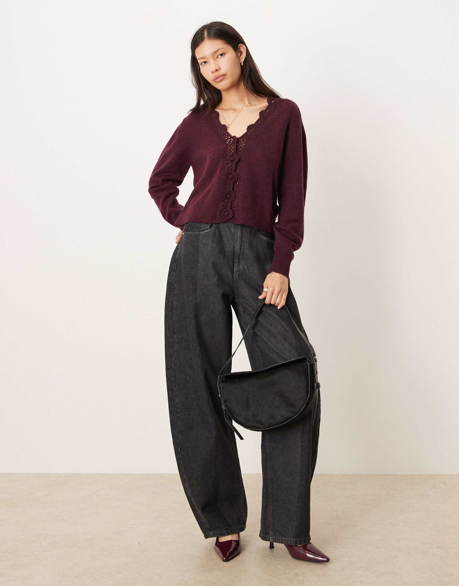 nobody's child wool blend crochet scalloped cardigan in burgundy