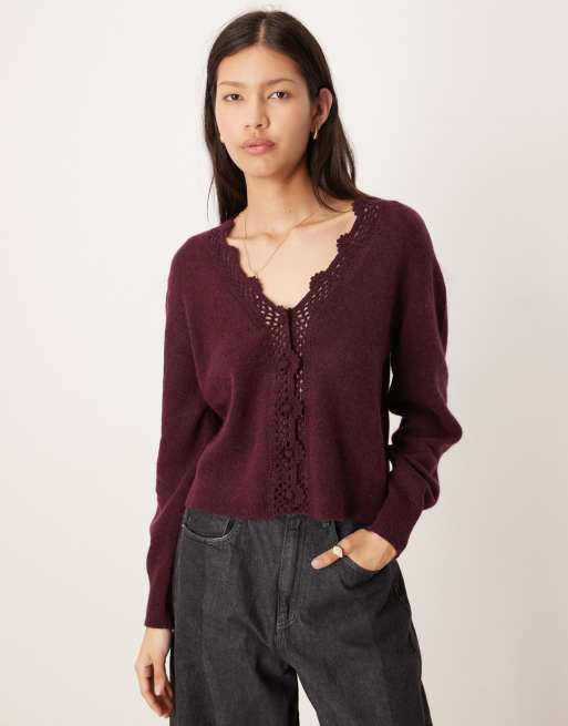 Nobody's Child wool blend crochet scalloped cardigan in burgundy, 2 of 4