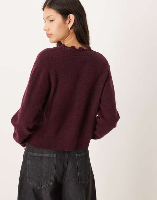 Nobody's Child wool blend crochet scalloped cardigan in burgundy, 3 of 4