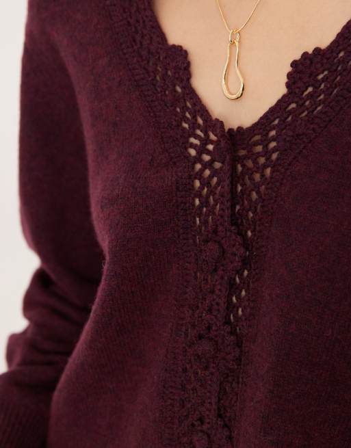Nobody's Child wool blend crochet scalloped cardigan in burgundy, 4 of 4