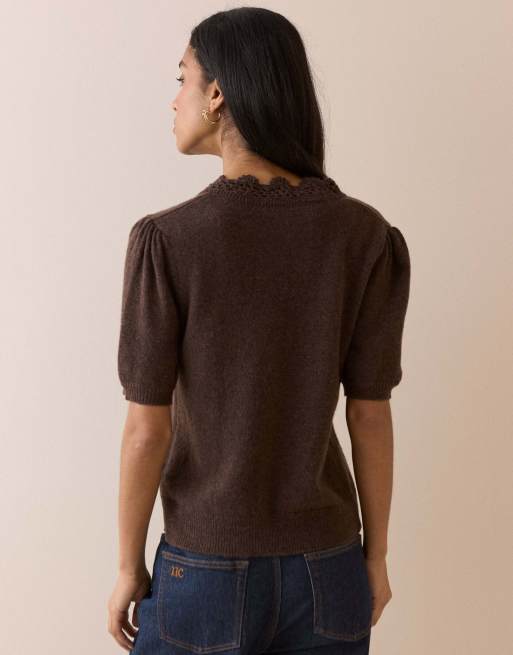 Nobody's Child Wool-blend crochet trim cardigan in brown, 2 of 5
