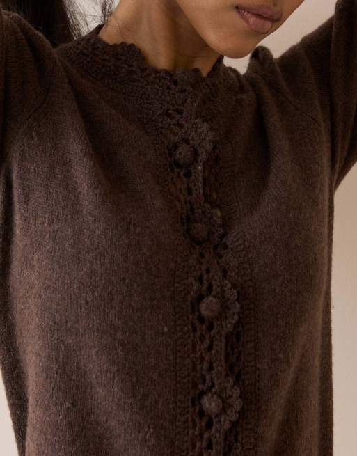 Nobody's Child Wool-blend crochet trim cardigan in brown, 3 of 5