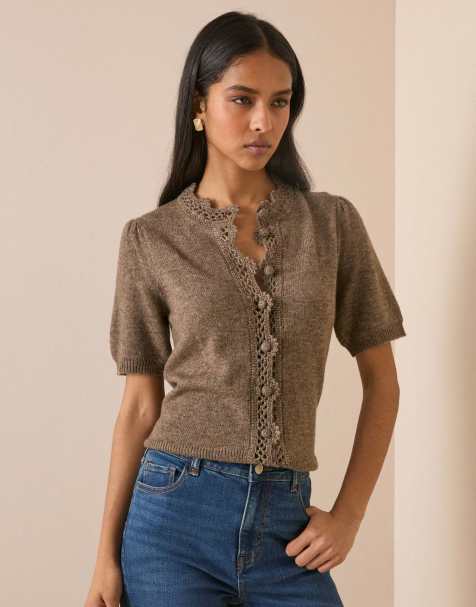 Nobody's Child Wool-blend crochet trim cardigan in brown - view 1