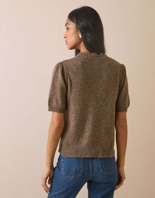 Nobody's Child Wool-blend crochet trim cardigan in brown, 2 of 5