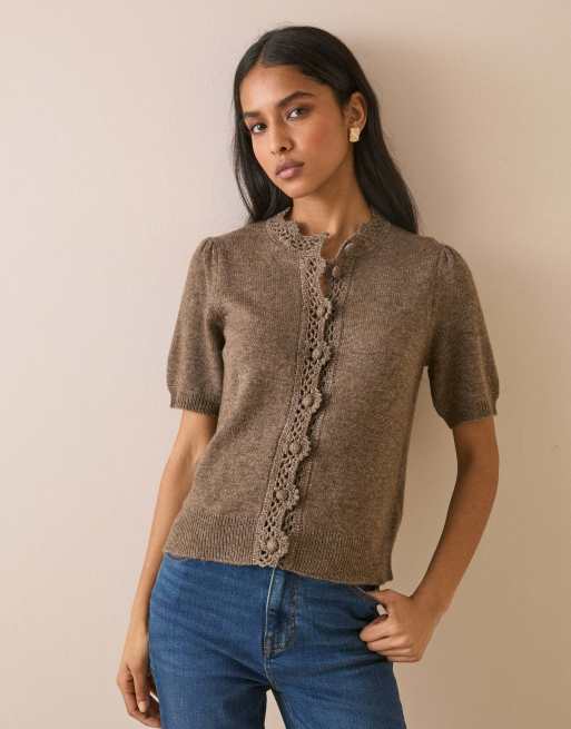 Nobody's Child Wool-blend crochet trim cardigan in brown, 5 of 5